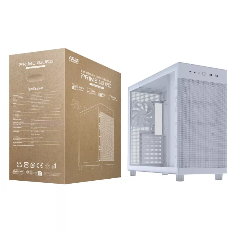 ASUS PRIME AP303 TG 90DC00V3-B39010 Midi Tower PC Case, ATX/Micro-ATX, Tempered Glass, 2x USB 3.2, without PSU, White