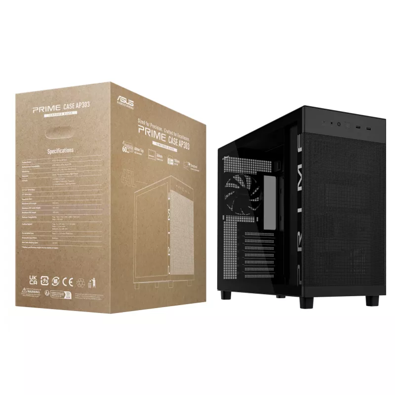 ASUS PRIME AP303 TG Black, PC, Black, micro ATX, Mini-ITX, ATX, 16.5 cm, 36 cm, 18 cm