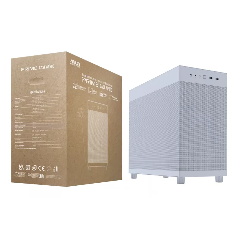 PC case ASUS PRIME AP303 Mesh Midi Tower White — ATX/Micro ATX/Mini-ITX, GPU up to 36 cm, PSU up to 18 cm, CPU cooler height 16.5 cm