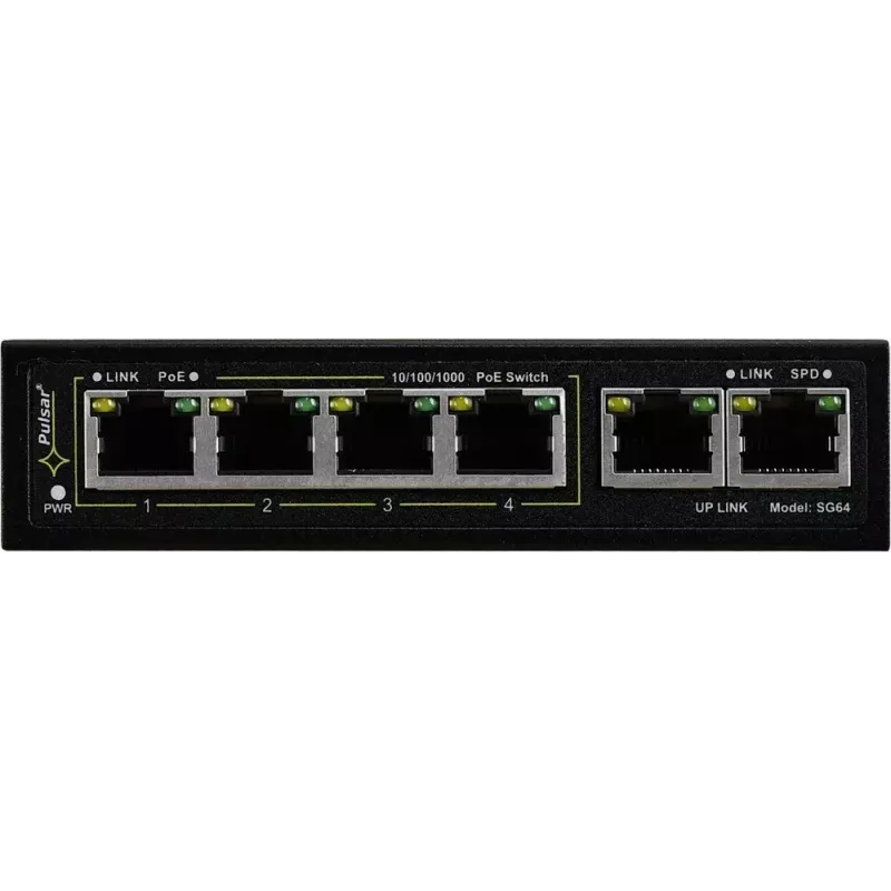 PULSAR Gigabit PoE Switch SG-64 — 4 PoE Ports, 2 Uplink Ports
