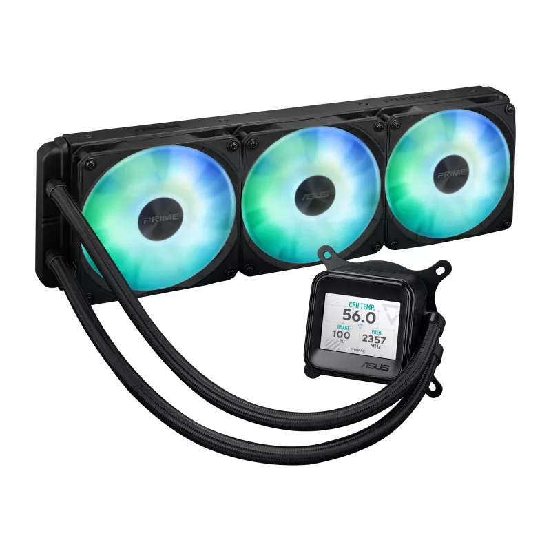 All-in-one liquid cooler ASUS Prime LC 360 ARGB LCD — 360 mm radiator, 3x 120 mm fans, LCD, PWM, Black