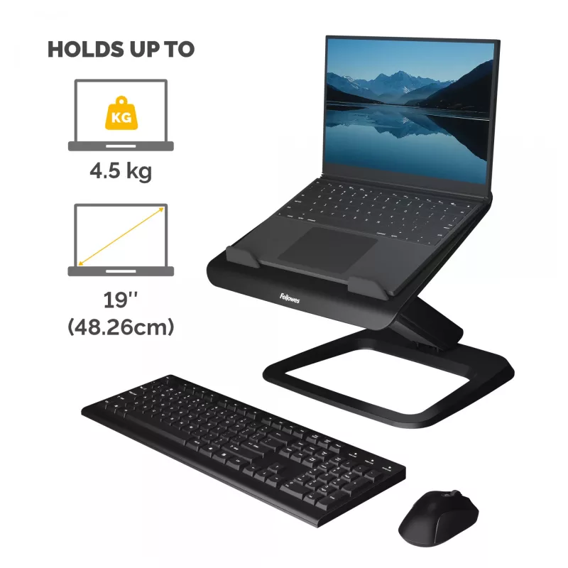 Fellowes Laptop Stand for Desk - Hana LT Laptop Stand for the Home and Office - Adjustable Laptop Stand with 3 Height Adjustments - Max Monitor Size 19 inch, Max Weight 4.5KG - Black