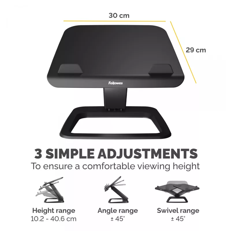 Fellowes Laptop Stand for Desk - Hana LT Laptop Stand for the Home and Office - Adjustable Laptop Stand with 3 Height Adjustments - Max Monitor Size 19 inch, Max Weight 4.5KG - Black