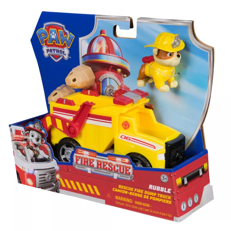 PAW Patrol Fire Rescue: Rubble Rescue Fire Dump Truck with Action Figure, Projectiles, and Toy Truck, Kids Toys for Boys & Girls Ages 3 and Up