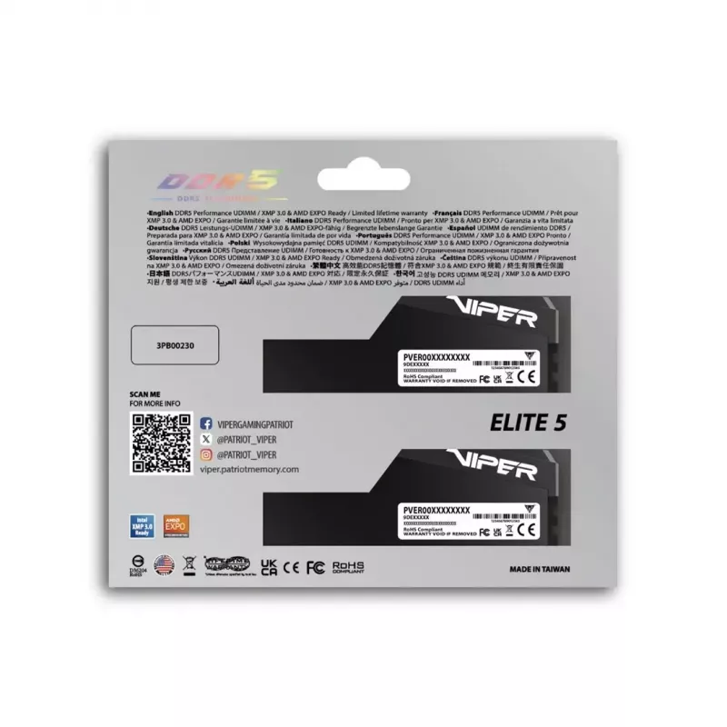 Desktop DDR5 RAM PATRIOT Viper Elite 5 Ultra 64GB (2x32GB) 6000MHz CL28 1.4V with Heatsink