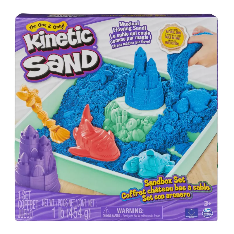 Kinetic Sand , Sandbox Set, Creative Easter Gifts, Includes 1lb Blue Moldable Play Sand, 4 Tools & Molds, Storage, Sensory Toys for Kids Ages 3 and up
