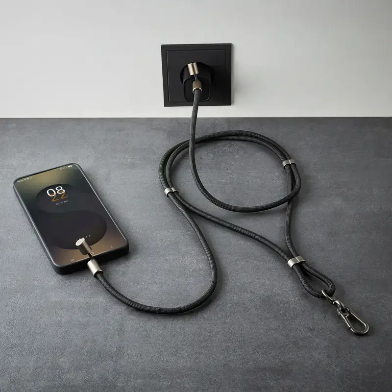 Intenso USB-C Charging Lanyard Phone Necklace Cable 60W Fast Charging Adjustable Length 1.65m Nylon Black