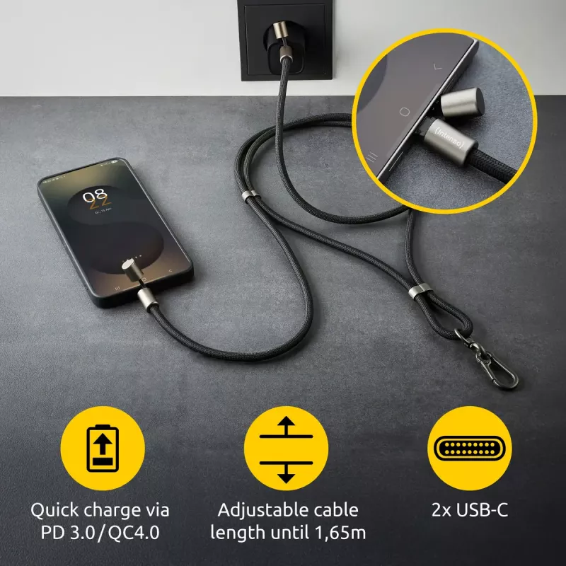 Intenso USB-C Charging Lanyard Phone Necklace Cable 60W Fast Charging Adjustable Length 1.65m Nylon Black