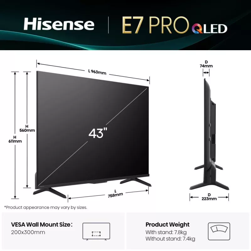 Hisense 43E77Q PRO 109.2 cm (43 inch) 4K Ultra HD Smart TV Wi-Fi Black