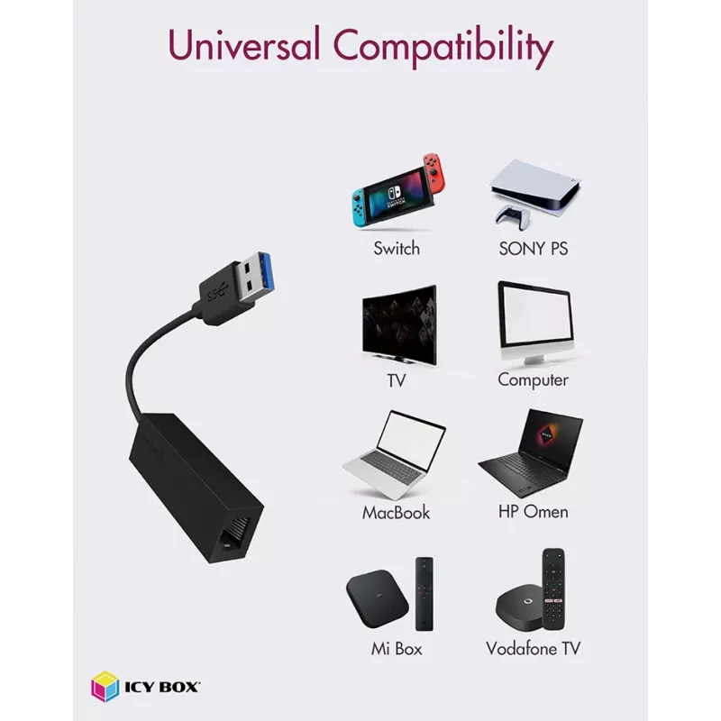 ICY BOX USB 3.0 A-Type to RJ-45 Ethernet port, Wired, USB, Ethernet, 1000 Mbit/s, Black