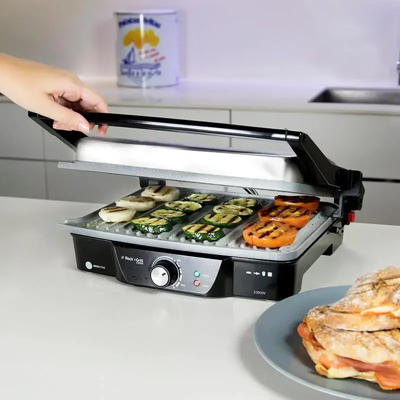 Contact grill CECOTEC Rock'nGrill 2000 — 2000 W, rectangular, black/stainless steel, adjustable thermostat, 340×330×130 mm