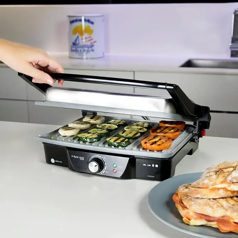 Contact grill CECOTEC Rock'nGrill 2000 — 2000 W, rectangular, black/stainless steel, adjustable thermostat, 340×330×130 mm