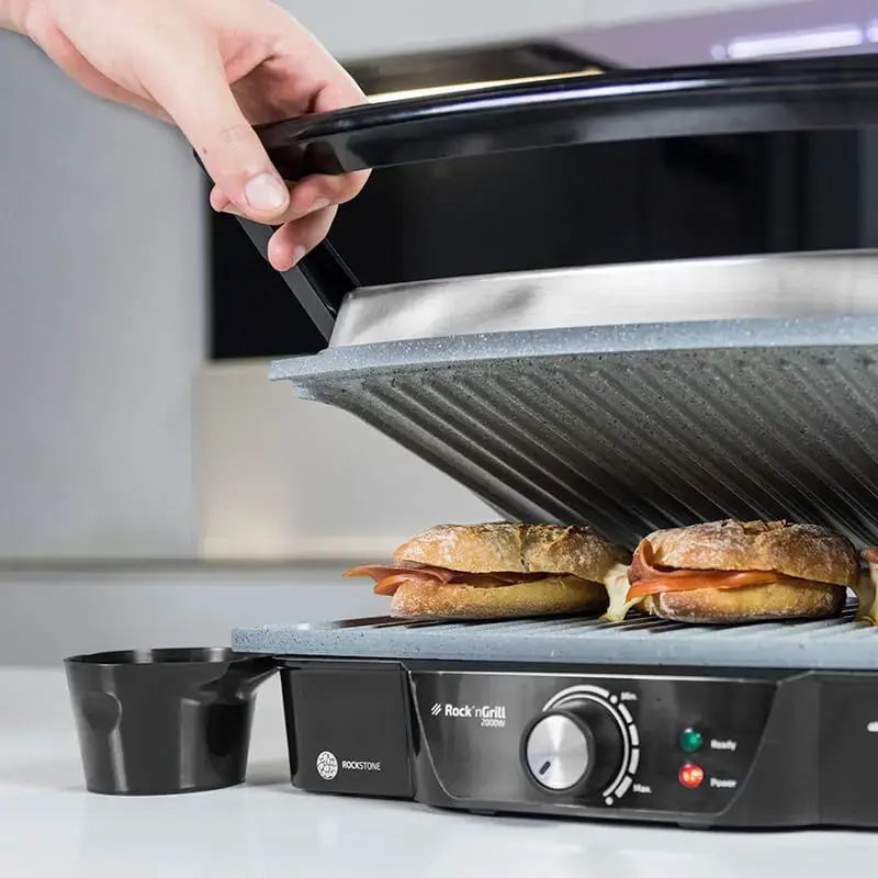 Contact grill CECOTEC Rock'nGrill 2000 — 2000 W, rectangular, black/stainless steel, adjustable thermostat, 340×330×130 mm