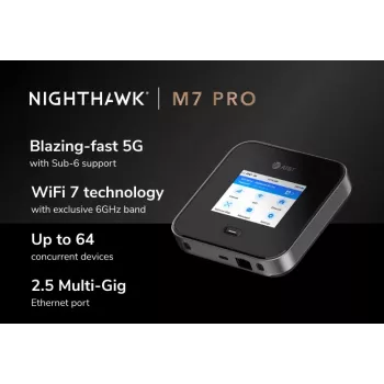Cellular network router Netgear Nighthawk M7 Pro — Tri-band Wi‑Fi 2.4/5/6 GHz, 5G Sub6, LTE, Gigabit Ethernet, USB-C, portable, black