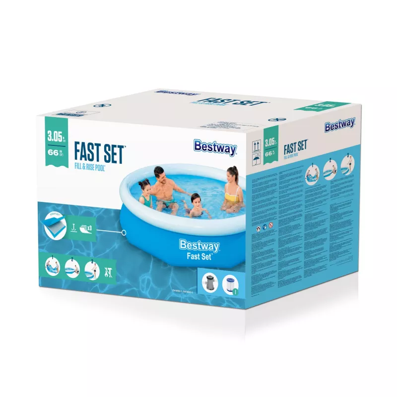Bestway Fast Set Round Inflatable Pool Set 3.05 m x 66 cm, 3200 L, Inflatable pool, Child & adult, Blue, White, 9.26 kg