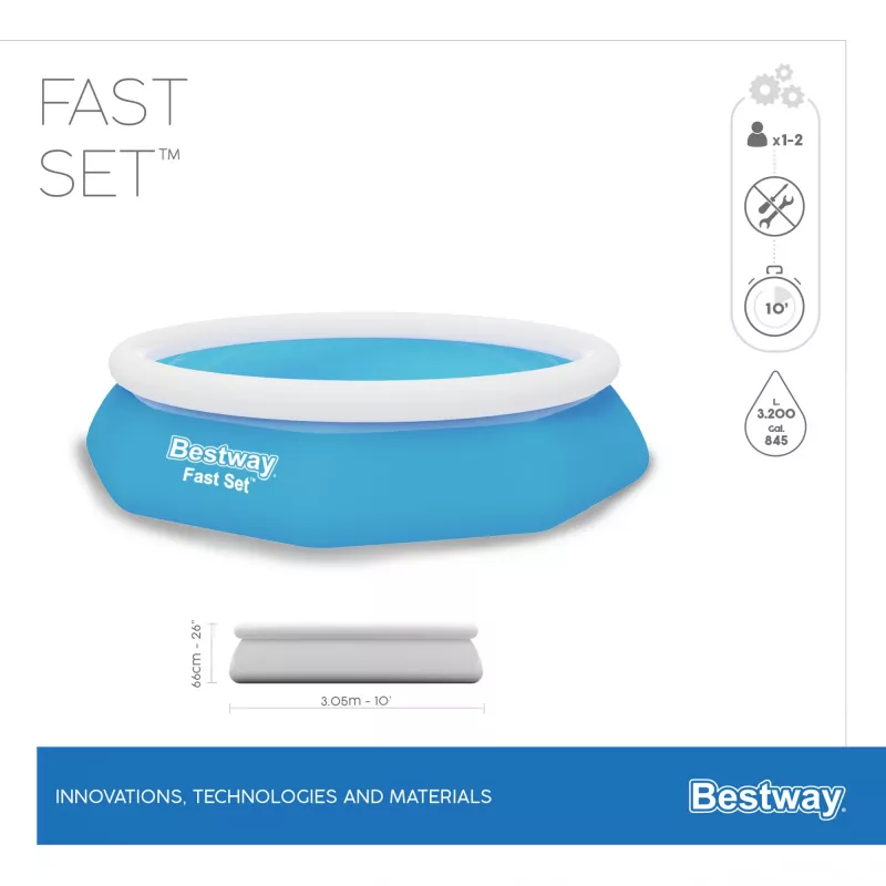 Bestway Fast Set Round Inflatable Pool Set 3.05 m x 66 cm, 3200 L, Inflatable pool, Child & adult, Blue, White, 9.26 kg
