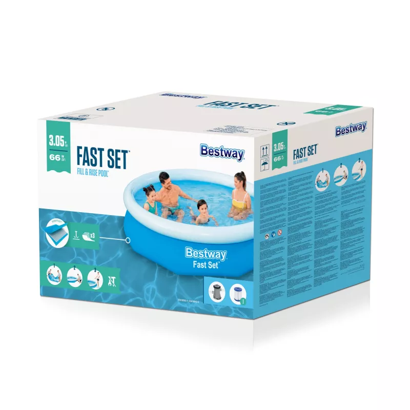 Bestway Fast Set Round Inflatable Pool Set 3.05 m x 66 cm, 3200 L, Inflatable pool, Child & adult, Blue, White, 9.26 kg