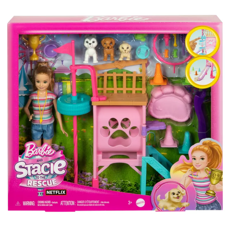 Barbie and Stacie to the Rescue Puppy Playground Playset with Doll, 3 Pet Dog Figures & Accessories