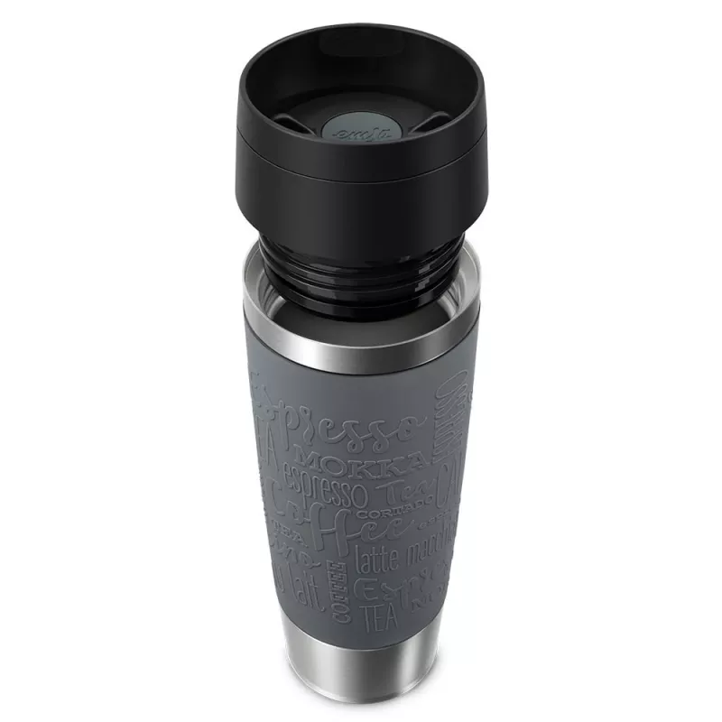 Travel Mug EMSA Classic Grande 500 ml — Grey Stainless Steel, Silicone Cover, Polypropylene Lid, Ø 8.3 cm × 240 mm