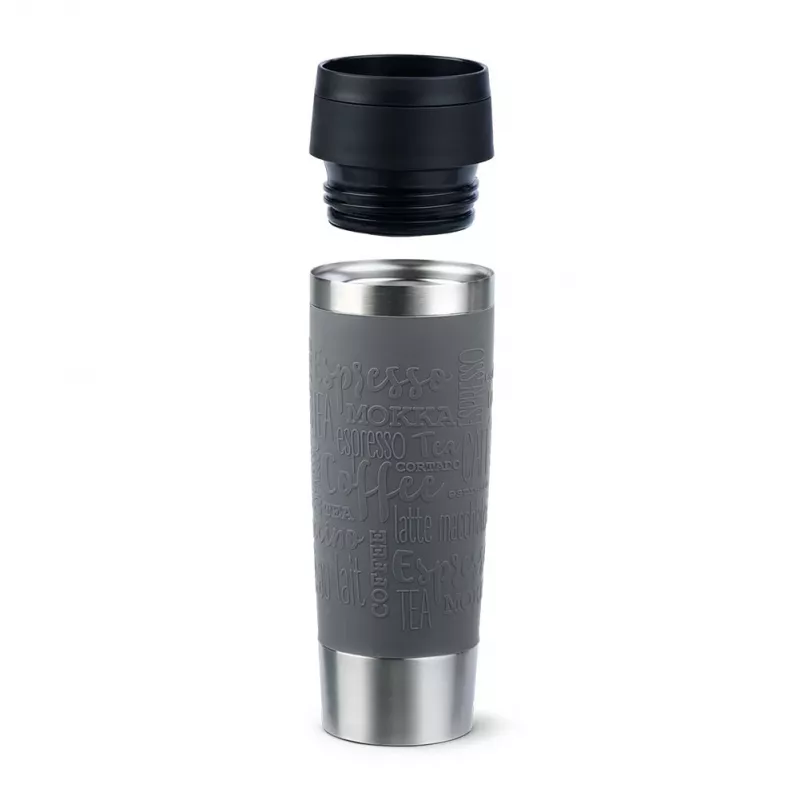 Travel Mug EMSA Classic Grande 500 ml — Grey Stainless Steel, Silicone Cover, Polypropylene Lid, Ø 8.3 cm × 240 mm