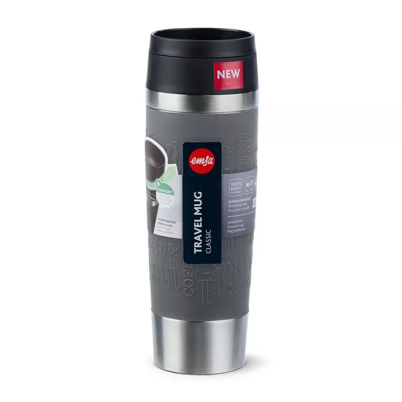 Travel Mug EMSA Classic Grande 500 ml — Grey Stainless Steel, Silicone Cover, Polypropylene Lid, Ø 8.3 cm × 240 mm