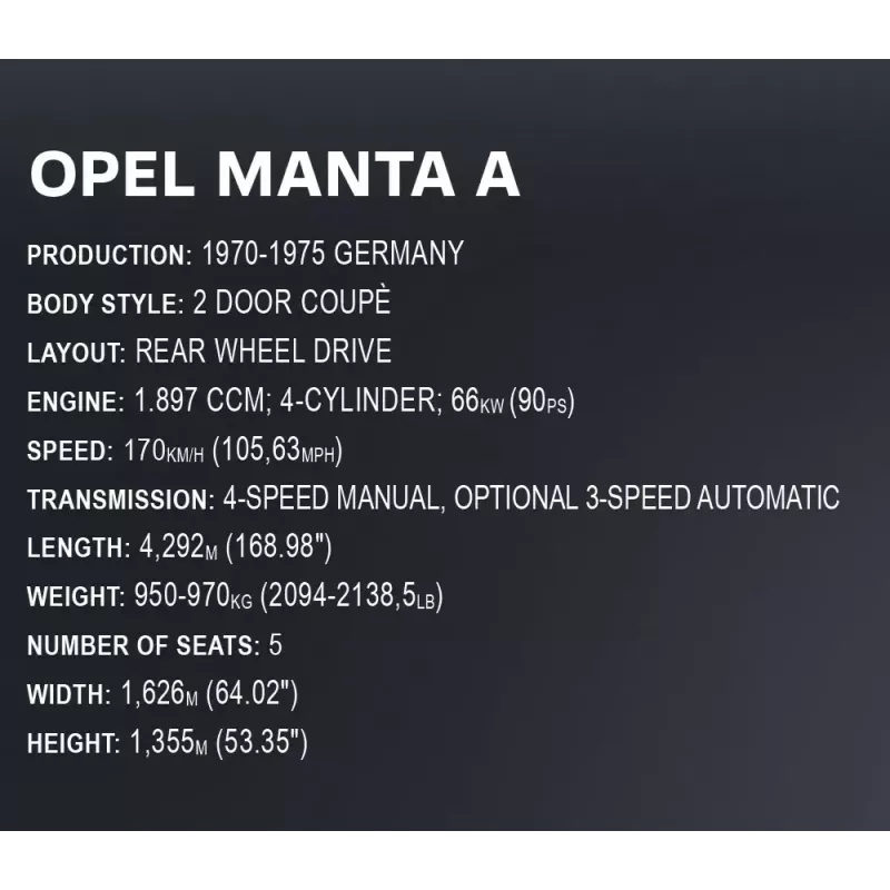 Construction toy Cobi Opel Manta A 1970 1:12 scale model, brick set