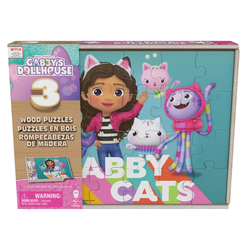 Games Gabby’s Dollhouse, 3 Wood Puzzles 24-Piece Jigsaw Puzzles with Wooden Storage Box Kids Puzzles, for Preschoolers Ages 3 and up