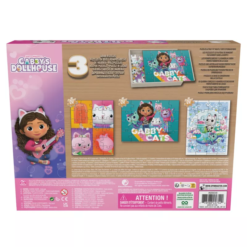 Games Gabby’s Dollhouse, 3 Wood Puzzles 24-Piece Jigsaw Puzzles with Wooden Storage Box Kids Puzzles, for Preschoolers Ages 3 and up