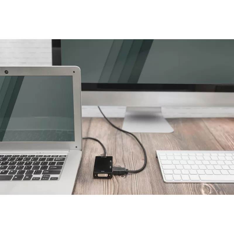 DIGITUS ASSMANN DisplayPort converter cable, DP - HDMI+DVI+VGA M-F/F/F, 20cm 3 in 1 Multi-Media cable, CE, Black