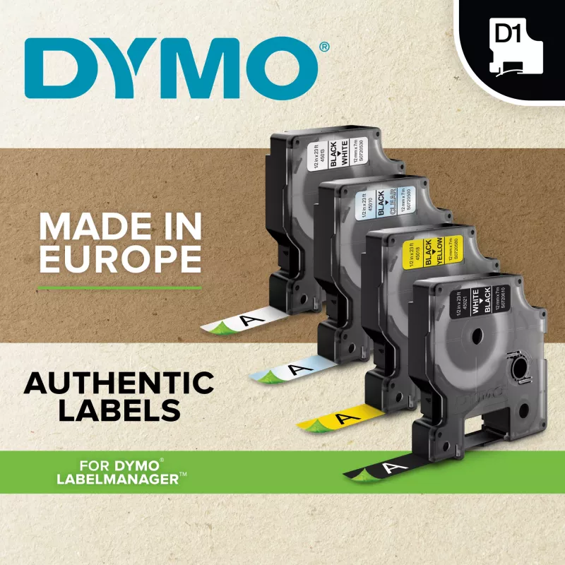 DYMO D1 High-Performance Permanent Polyester Labels | 12 mm x 5.5m Roll | Black Print on White | Self-Adhesive Labels for LabelManager Label Printers | Authentic