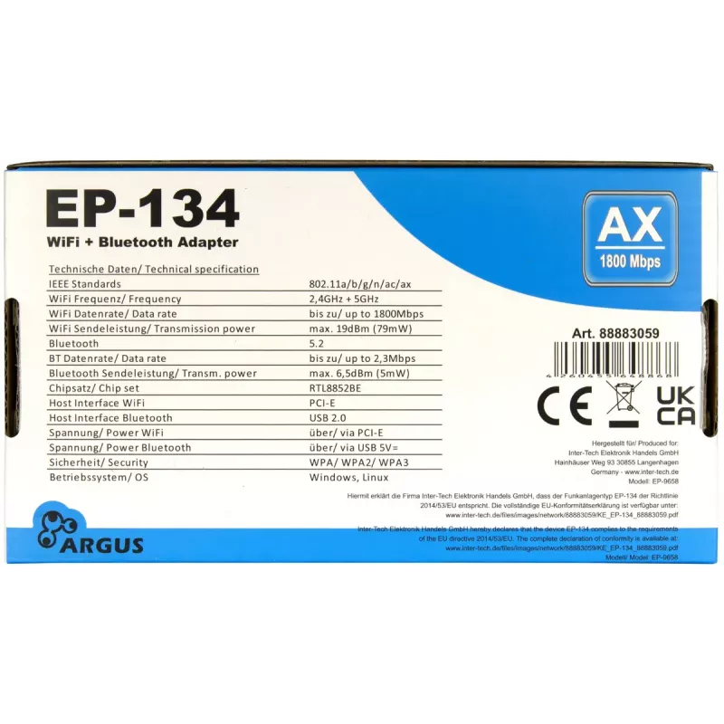 Internal WLAN Bluetooth Adapter Inter-Tech EP-134 1800 Mbit/s