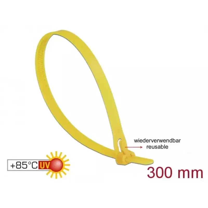 Releasable cable tie DELOCK 18761 — Nylon, 300 mm x 7.6 mm, Yellow, 100 pcs