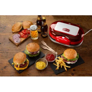 Ariete 205 Hamburger Maker Party Time, Hamburger making machine, 1200 W, Double non-stick plates, 2 compartments, Easy to clean, Red