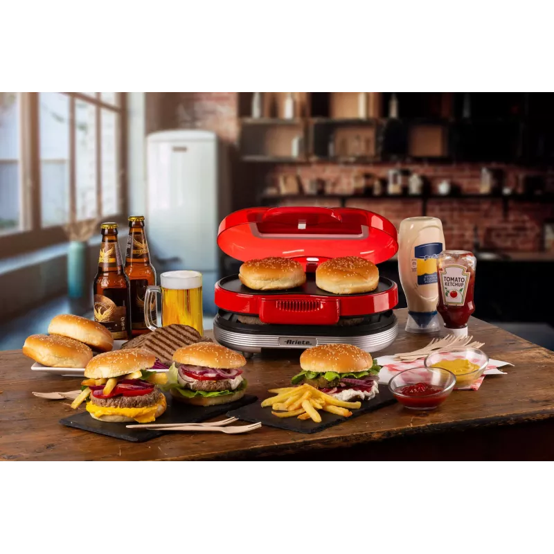 Ariete 205 Hamburger Maker Party Time, Hamburger making machine, 1200 W, Double non-stick plates, 2 compartments, Easy to clean, Red
