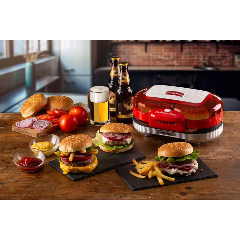Ariete 205 Hamburger Maker Party Time, Hamburger making machine, 1200 W, Double non-stick plates, 2 compartments, Easy to clean, Red