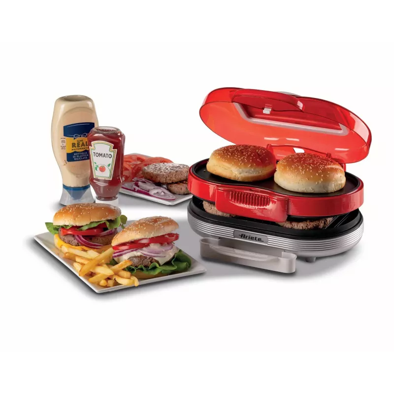 Ariete 205 Hamburger Maker Party Time, Hamburger making machine, 1200 W, Double non-stick plates, 2 compartments, Easy to clean, Red