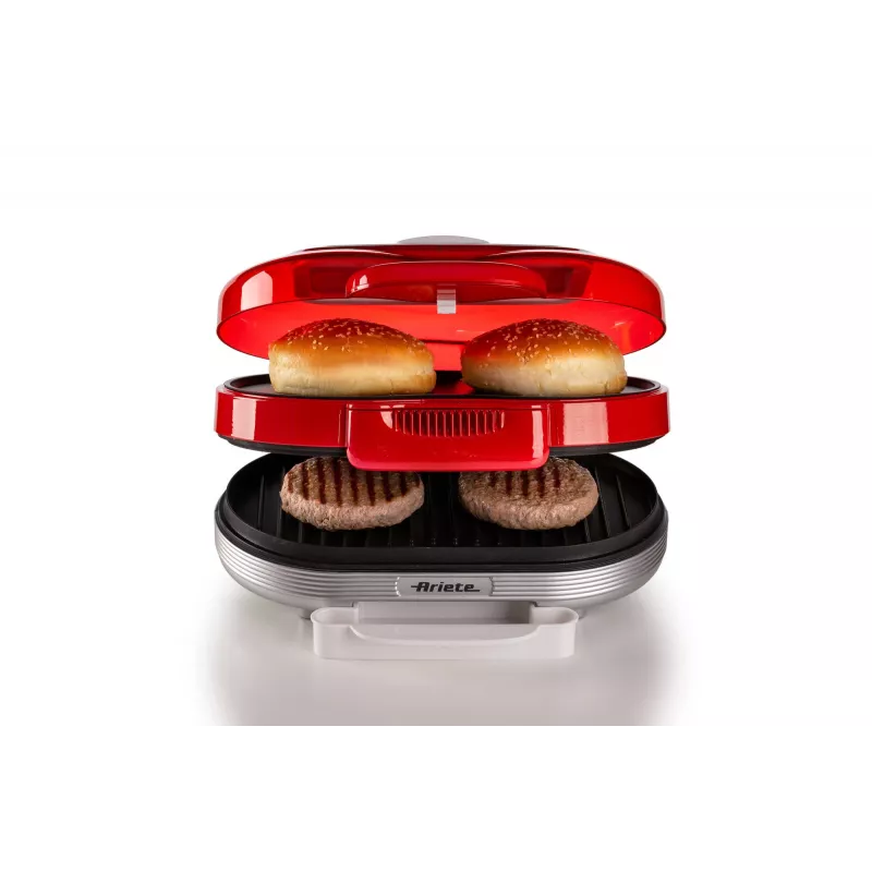 Ariete 205 Hamburger Maker Party Time, Hamburger making machine, 1200 W, Double non-stick plates, 2 compartments, Easy to clean, Red