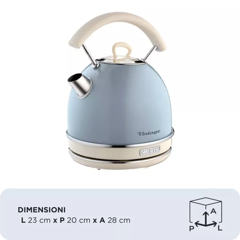 Ariete 2877 Kettle Vintage, 1,7L, Cordless, Blue, 1.7 L, 2000 W, Light Blue, Water level indicator, Cordless, Filtering