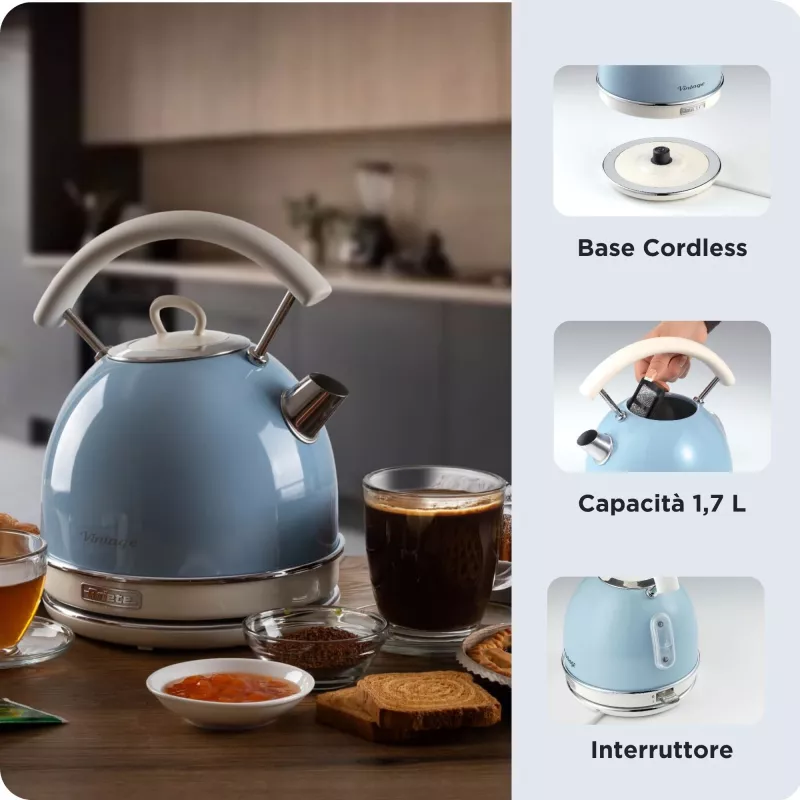Ariete 2877 Kettle Vintage, 1,7L, Cordless, Blue, 1.7 L, 2000 W, Light Blue, Water level indicator, Cordless, Filtering