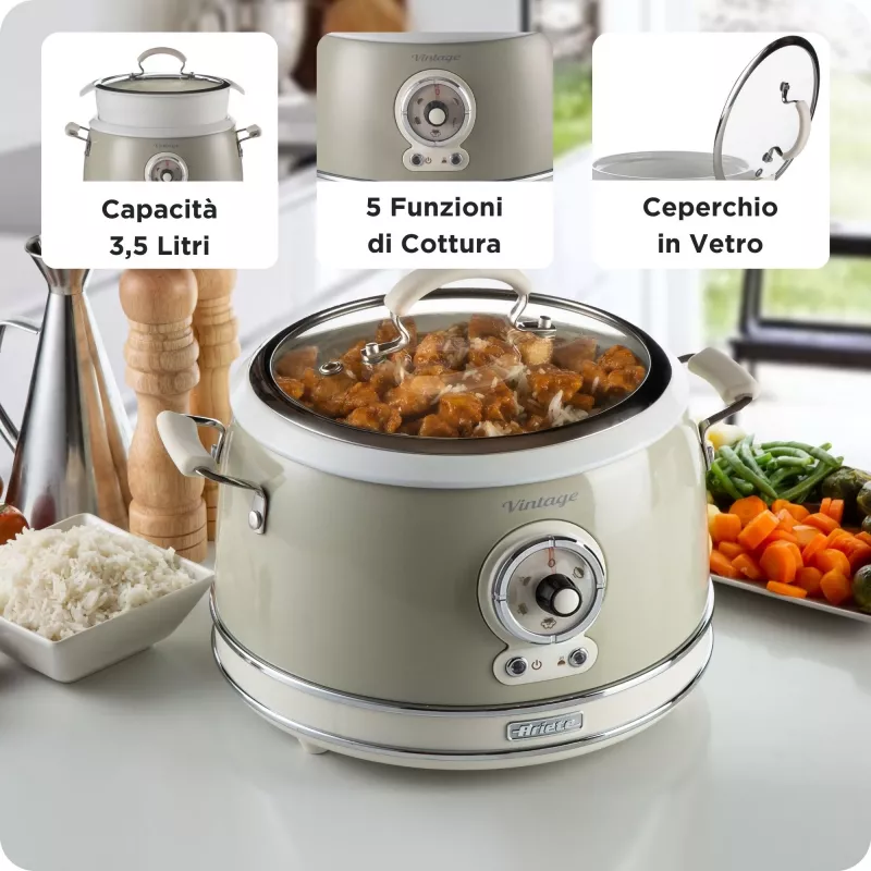 Ariete 2904 Rice Cooker - Electric Rice Cooker with ceramic bowl - Homemade Sushi - Multicooker - Vintage Line - 3.5 L - 650 W - Beige