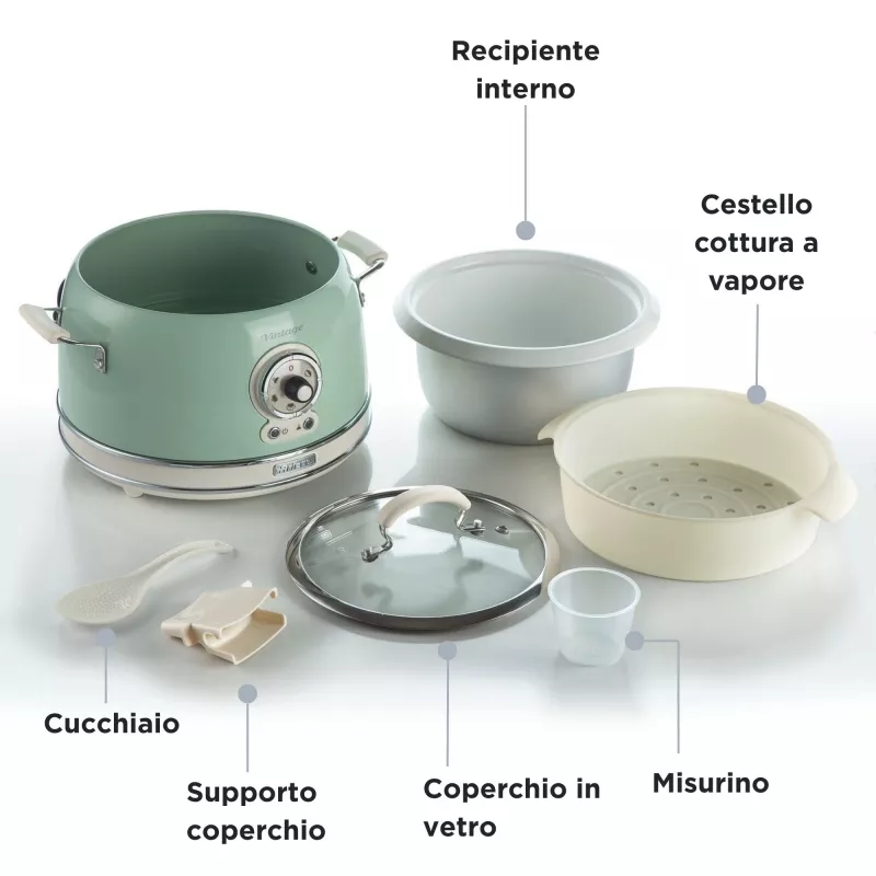 Ariete 2904 Rice Cooker - Electric Rice Cooker with ceramic bowl - Homemade Sushi - Multicooker - Vintage Line - 3.5 L - 650 W - Green