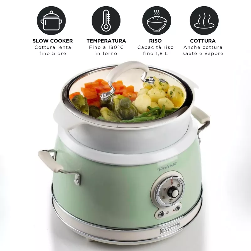 Ariete 2904 Rice Cooker - Electric Rice Cooker with ceramic bowl - Homemade Sushi - Multicooker - Vintage Line - 3.5 L - 650 W - Green