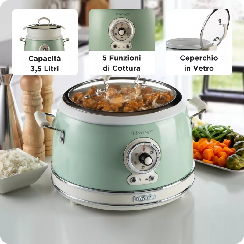 Ariete 2904 Rice Cooker - Electric Rice Cooker with ceramic bowl - Homemade Sushi - Multicooker - Vintage Line - 3.5 L - 650 W - Green