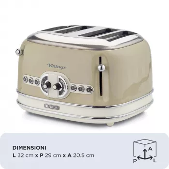 Ariete 156 4 Slice Vintage Toaster, 1600 Watts, 6 Toasting Levels, Stainless Steel Painted in Pastel Beige, Without Sandwich Cages