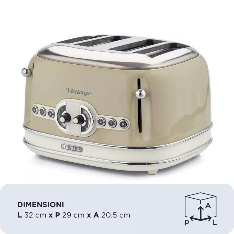Ariete 156 4 Slice Vintage Toaster, 1600 Watts, 6 Toasting Levels, Stainless Steel Painted in Pastel Beige, Without Sandwich Cages