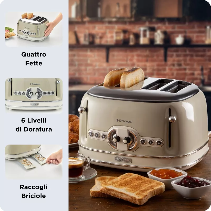 Ariete 156 4 Slice Vintage Toaster, 1600 Watts, 6 Toasting Levels, Stainless Steel Painted in Pastel Beige, Without Sandwich Cages