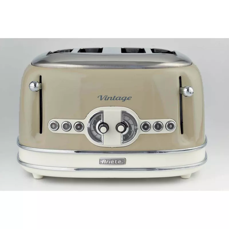 Ariete 156 4 Slice Vintage Toaster, 1600 Watts, 6 Toasting Levels, Stainless Steel Painted in Pastel Beige, Without Sandwich Cages