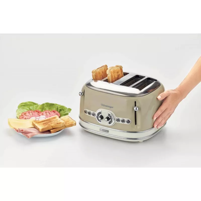 Ariete 156 4 Slice Vintage Toaster, 1600 Watts, 6 Toasting Levels, Stainless Steel Painted in Pastel Beige, Without Sandwich Cages