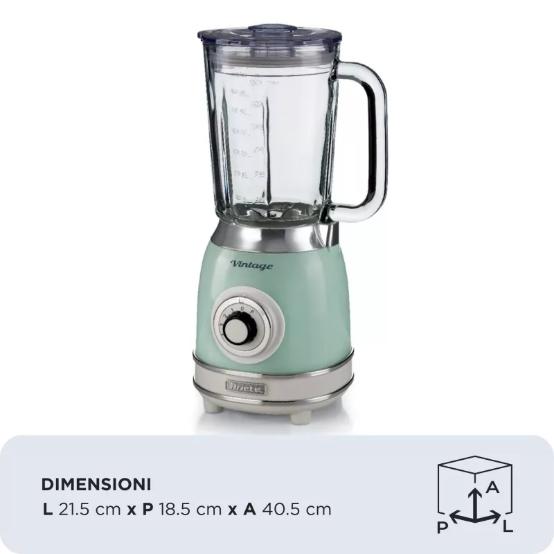 Ariete 583, Vintage Blender with 1.5 Liter glass cup, 4 Stainless Steel Blades, 4 Speeds + Pulse, 1000 Watt, Green