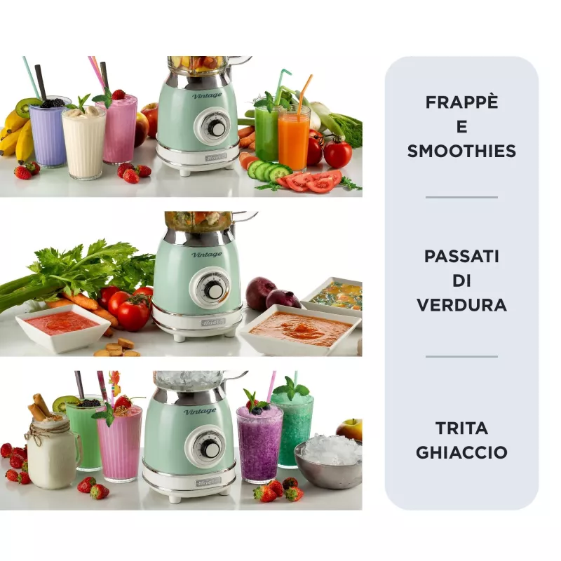 Ariete 583, Vintage Blender with 1.5 Liter glass cup, 4 Stainless Steel Blades, 4 Speeds + Pulse, 1000 Watt, Green